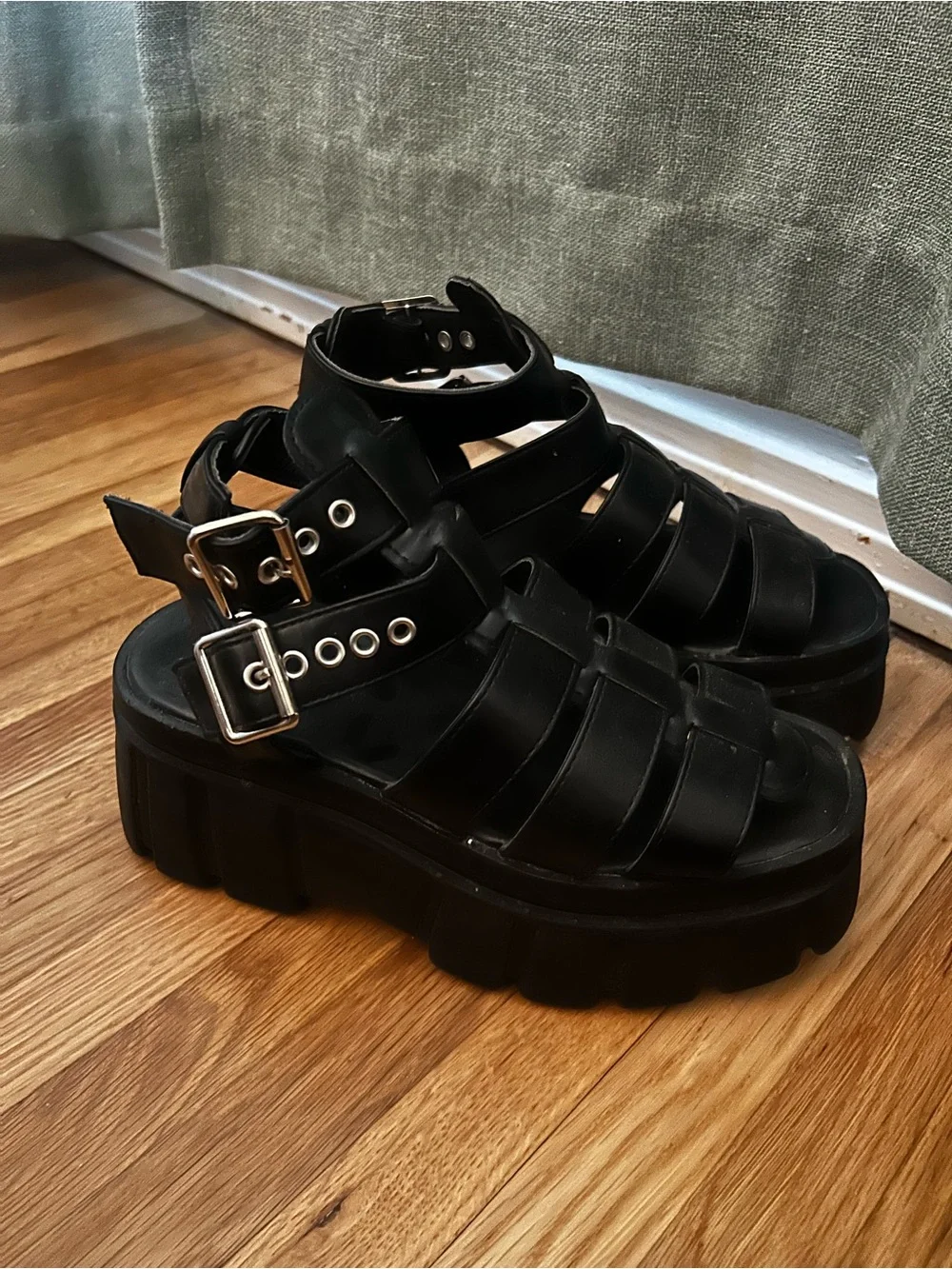 Black Platform Fisherman Sandals with Buckle Detail